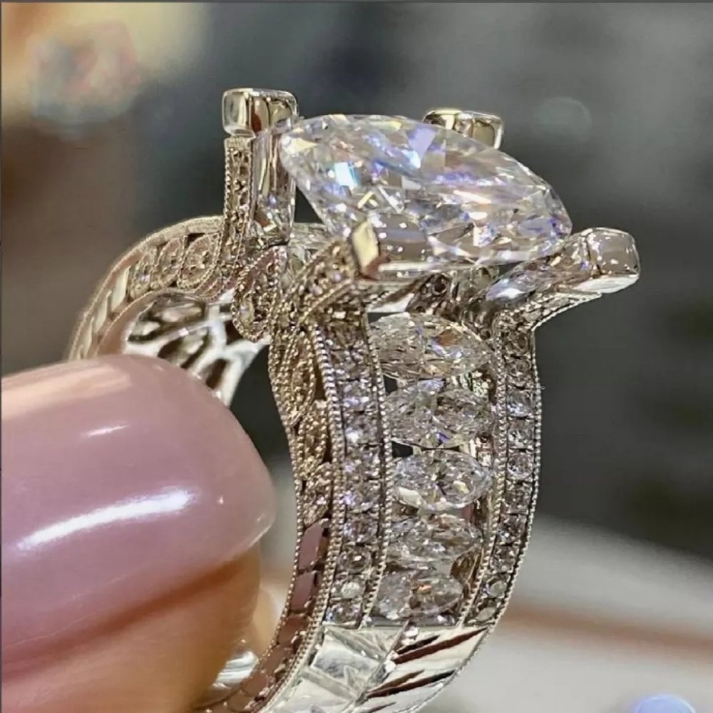 *NEW 925 Silver Round&Marquis Diamond Band Ring